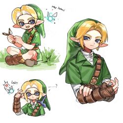  ! !! ... 1boy ? alternate_species blonde_hair blue_eyes boots brown_boots brown_gloves character_name commentary english_text gloves green_hat green_shirt gucandiyi52092 hat inkling link male_focus multiple_views navi shirt simple_background sitting slingshot_(weapon) splatoon_(series) splatoonification tentacle_hair the_legend_of_zelda the_legend_of_zelda:_ocarina_of_time untranslatable_commentary white_background young_link 