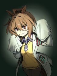  1girl agnes_tachyon_(tach-nology)_(umamusume) agnes_tachyon_(umamusume) ahoge animal_ears argona_1022 arm_up black_pantyhose blue_necktie blue_shirt collared_shirt commentary cowboy_shot earrings grin hair_between_eyes highres horse_ears horse_girl jewelry lab_coat lapels long_sleeves looking_at_viewer medium_hair messy_hair necktie notched_lapels pantyhose red_eyes shirt short_necktie sidelocks single_earring sleeves_past_fingers sleeves_past_wrists smile solo sweater_vest test_tube umamusume wide_sleeves yellow_sweater_vest 