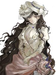  1girl black_hair bow chinese_commentary closed_mouth commentary_request dress gloves hat hat_bow highres isolde_(reverse:1999) juliet_sleeves long_dress long_hair long_sleeves looking_at_viewer puffy_sleeves qianwei_yuanqing reverse:1999 solo upper_body veil violet_eyes wavy_hair white_background white_bow white_dress white_hat white_veil yellow_gloves 