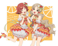  2girls 2l_(2lsize) :3 :d blush bow brown_eyes brown_hair character_name closed_eyes commentary_request dated detached_sleeves dress food_print fruit_print gloves hair_bow handa_roco hands_up happy_birthday high_heels idolmaster idolmaster_million_live! idolmaster_million_live!_theater_days leg_up long_hair multiple_girls nonohara_akane official_alternate_costume open_mouth orange_background print_dress puffy_detached_sleeves puffy_sleeves red_dress red_hair shoes short_hair simple_background single_glove smile standing standing_on_one_leg strawberry_print twintails two-tone_background white_background white_gloves 