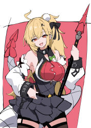  1girl ahoge azuki_pii bare_shoulders black_skirt blonde_hair border breasts brown_thighhighs chalky_(zenless_zone_zero) cissia_(zenless_zone_zero) collarbone commentary_request cowboy_shot detached_sleeves fangs hair_between_eyes hair_ornament highres holding holding_weapon large_breasts long_hair looking_at_viewer metal_wrist_cuffs open_mouth pom_pom_(clothes) pom_pom_hair_ornament red_background red_eyes simple_background skirt snake snake_girl snake_tail tail thigh-highs weapon white_border white_snake zenless_zone_zero 