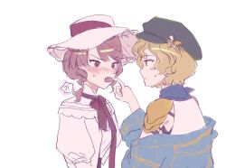  !? 2girls armor blonde_hair blue_coat blush bow bowtie brown_hair brume_(reverse:1999) coat eye_contact face-to-face feeding felicienne_(reverse:1999) food_in_mouth from_side guni_(9guniguni) hand_up hat highres looking_at_another multiple_girls newsboy_cap profile purple_bow purple_bowtie reverse:1999 shirt short_hair shoulder_armor sketch speech_bubble spoken_interrobang sweat upper_body violet_eyes white_background white_hat white_shirt 