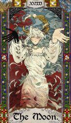  1girl bird blood blood_in_water blue_border blue_sky border breasts card_(medium) clouds cloudy_sky collarbone commentary_request cowboy_shot crescent_moon dot_nose dress drill_hair english_text falling_feathers feathers fish floral_border flower flower_ornament green_eyes hair_between_eyes half-closed_eyes hands_up heterochromia highres in_water large_breasts long_hair long_sleeves looking_at_viewer lying mole mole_under_eye moon on_back original parted_lips pensri_(unholymilk) ripples side_drill skeletal_arm skeletal_hand sky solo tarot tarot_(medium) thai_commentary the_moon_(tarot) unholymilk water wet wet_clothes wheat_field white_background white_dress white_flower yellow_eyes 