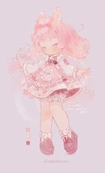 1girl animal_ears apron bloomers bow bow_apron bowtie buttons child color_guide colored_petticoat commentary_request cup dot_nose dress fingernails fluffy_hair food food_print footwear_bow frilled_apron frilled_bow frilled_sleeves frills fruit fruit_print full_body green_eyes hair_bow highres knees_together_feet_apart long_sleeves looking_down medium_hair microdress no_mouth no_pupils no_socks original pastel_colors petticoat pink_apron pink_background pink_bloomers pink_bow pink_bowtie pink_nails pink_shoes platform_shoes rabbit_ears rabbit_girl shoes short_bangs signature solo sparkle sparkling_aura standing strawberry strawberry_ornament strawberry_print teacup tofu_(tofu_atelier) twitter_username white_bow white_dress 