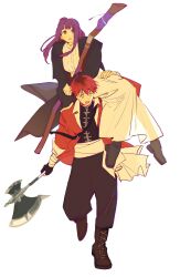  1boy 1girl arm_around_another's_waist axe black_boots black_coat black_gloves black_jacket black_pants black_roots boots breasts brown_boots carrying chaerenlover coat commentary_request dress fern_(sousou_no_frieren) fingerless_gloves full_body gloves hair_between_eyes highres hime_cut holding holding_axe holding_staff jacket large_breasts long_dress long_hair open_mouth pants purple_hair red_coat red_eyes red_hair short_hair shoulder_carry sidelocks sketch sousou_no_frieren staff stark_(sousou_no_frieren) sweatdrop violet_eyes white_background white_dress 