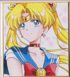  1girl bishoujo_senshi_sailor_moon blonde_hair blue_eyes blue_sailor_collar bow chikoto_(kztc4472) choker closed_mouth collarbone commentary crescent crescent_choker crescent_earrings double_bun earrings gem gold_tiara hair_bun hair_ornament highres jewelry leotard light_smile lone_nape_hair long_hair looking_to_the_side magical_girl parted_bangs photo_(medium) picture_frame pink_background red_bow red_choker red_gem sailor_collar sailor_moon sailor_senshi_uniform short_sleeves solo tiara traditional_media transformation_brooch_(sailor_moon) tsukino_usagi twintails upper_body white_leotard 