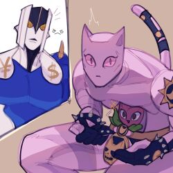  2others cat_tail commentary compound_eyes diamond_wa_kudakenai dollar_sign flattop highres jojo_no_kimyou_na_bouken killer_queen multiple_others other_focus peace_symbol stand_(jojo) tail the_hand_(stand) volumzyreo yen_sign 