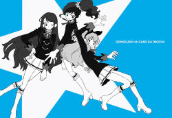  3girls aikatsu! aikatsu!_(series) arm_up blazer boots commentary_request full_body hand_on_own_hip highres hoshimiya_ichigo jacket kiriya_aoi knee_boots koke_(koke7) long_hair looking_at_viewer miniskirt multiple_girls one_eye_closed open_mouth pleated_skirt romaji_text school_uniform shibuki_ran side_ponytail skirt smile soleil_(aikatsu!) star_(symbol) starlight_academy_school_uniform winter_uniform 