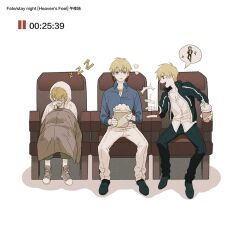  3boys ^^^ bags_under_eyes black_pants black_shoes blonde_hair blue_shirt boots brown_boots brown_jacket bucket chair child child_gilgamesh_(fate) closed_eyes collared_shirt copyright_name cup disposable_cup drinking_straw earrings empty_eyes english_text fate/grand_order fate/hollow_ataraxia fate/stay_night fate_(series) food full_body gilgamesh_(caster)_(fate) gilgamesh_(establishment)_(fate) gilgamesh_(fate) gilgamesh_(immoral_biker_jacket)_(fate) gold_earrings gold_necklace green_pants hair_between_eyes half-closed_eyes holding holding_bucket holding_cup hood hoodie hoop_earrings jacket jewelry long_sleeves looking_at_another looking_at_viewer male_focus multiple_boys multiple_persona necklace nunok official_alternate_costume on_chair open_clothes open_jacket open_mouth pants pause_button popcorn red_eyes shadow shirt shoes short_hair sleeping sleepy smile speech_bubble spoken_character spoken_star spread_legs star_(symbol) t-shirt talking teeth timestamp unworn_jacket v-shaped_eyebrows white_hoodie white_pants white_shirt zzz 