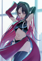  1girl absurdres armpits azki_(hololive) bikini black_bikini black_gloves black_hair breasts gloves hair_ornament hairclip highres hololive long_hair midriff mira_bluesky3 mirror mouth_hold navel pink_hair red_sleeves revealing_clothes swimsuit thigh-highs thighs virtual_youtuber 