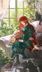  1girl absurdres au_ra boots cat commentary curtains dragon_horns dress english_commentary eyewear_strap final_fantasy final_fantasy_xiv glasses green_dress halmarut_(ff14) highres horns long_hair long_sleeves namaiwanai plant puffy_sleeves red_hair round_eyewear scales solo venus_flytrap window 