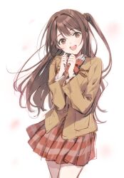  1girl bow bowtie brown_eyes brown_hair brown_jacket highres idolmaster idolmaster_cinderella_girls jacket long_hair long_sleeves looking_at_viewer miniskirt one_side_up open_mouth pleated_skirt red_bow red_bowtie red_skirt school_uniform shimamura_uzuki shirt skirt smile solo striped_clothes striped_skirt weee_(raemz) white_shirt 