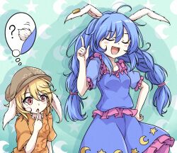  2girls ? ahoge animal_ears blonde_hair blue_dress blue_hair blush_stickers braid breasts caipirinha_(meme) chestnut_mouth closed_eyes crescent_print dress earclip frills hand_on_own_hip highres index_finger_raised low_twin_braids meme multiple_girls neko_mata open_mouth orange_shirt rabbit_ears rabbit_girl rabbit_tail red_eyes ringo_(touhou) seiran_(touhou) shirt short_sleeves speech_bubble tail thinking thought_bubble touhou twin_braids 