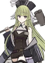  1girl :| arknights bare_shoulders belt bird_girl black_hat breasts brown_eyes brown_romper closed_mouth commentary cowboy_shot dot_nose expressionless feather_hair feathers green_hair hammer hat hat_feather head_wings highres holding holding_hammer long_hair long_sleeves looking_at_viewer poncirus_(arknights) purple_belt romper simple_background sledgehammer small_breasts solo thigh_strap udo_(akn_otk) very_long_hair white_background white_feathers wings 
