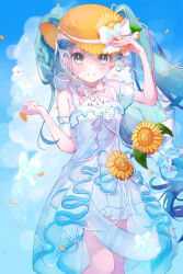  1girl absurdres aqua_eyes aqua_hair aqua_nails blush bow brown_hat closed_mouth commentary_request cowboy_shot double-parted_bangs dress fingerless_gloves fingernails flower gloves hair_between_eyes hat hat_bow hat_flower hat_ornament hatsune_miku highres leaf_hat_ornament long_hair looking_at_viewer magical_mirai_(vocaloid) magical_mirai_miku magical_mirai_miku_(2026) nail_polish outdoors qhzzx shirt sleeveless sleeveless_dress solo sunflower twintails vocaloid white_bow white_dress white_gloves white_shirt yellow_eyes yellow_flower 