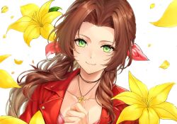  1girl aerith_gainsborough brown_hair choker closed_mouth falling_flower falling_petals final_fantasy final_fantasy_vii final_fantasy_vii_remake flower flower_choker green_eyes hair_ribbon hand_on_own_chest highres jacket lazy_8203 lily_(flower) long_hair looking_at_viewer parted_bangs petals pink_ribbon ponytail red_jacket ribbon sidelocks smile solo upper_body white_background yellow_flower yellow_petals 