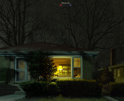  artist_name artstation_logo bare_tree brick_wall bush chimney desk_lamp door facebook_logo grass grey_sky highres house lamp living_room mesh_screen_door night no_humans original outdoors picture_frame scenery sicuvn sky stairs stone_walkway tree wind youtube_logo 