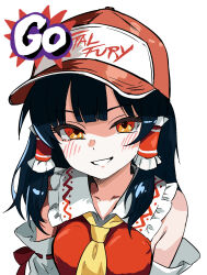 1girl baseball_cap black_hair blush borrowed_clothes breasts clothes_writing commentary_request english_text fatal_fury frilled_hair_tubes frills hair_tubes hakurei_reimu hat highres long_hair looking_at_viewer medium_breasts meganeko_(ali_ce_lica_ss2) orange_eyes red_hat simple_background solo terry_bogard touhou upper_body white_background 