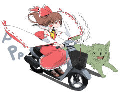  1girl animalization ascot bow brown_hair brown_shoes closed_mouth commentary_request contemporary detached_sleeves frilled_bow frilled_hair_tubes frilled_skirt frills gohei green_fur hair_bow hair_tubes hakurei_reimu haruaki_(onkai_planaria) horns komainu komano_aunn komano_aunn_(komainu) long_hair mary_janes moped motor_vehicle red_bow red_eyes red_skirt ribbon-trimmed_sleeves ribbon_trim riding shoes single_horn skirt skirt_set tongue tongue_out touhou yellow_ascot 