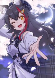  1girl ;d @-you_(you_2023_8_16) animal_ears beret black_hair blue_hat blue_journey_(hololive) blue_necktie blue_skirt blush cherry_blossoms clothing_cutout collared_shirt commentary_request double-parted_bangs fang flipped_hair full_moon hair_ornament hairclip hand_on_headwear hat highres holding_down_headwear hololive long_hair long_sleeves looking_at_viewer low-tied_long_hair moon multicolored_hair nail_polish necktie night offering_hand official_alternate_costume one_eye_closed ookami_mio open_mouth plaid_clothes plaid_hat plaid_skirt reaching reaching_towards_viewer red_streaks shirt shoulder_cutout sidelocks single_hair_streak skirt sky smile solo spiky_hair streaked_hair very_long_hair virtual_youtuber white_shirt wind wind_lift wolf_ears yellow_eyes 