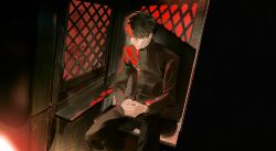  2boys 3000tan absurdres black_eyes black_hair blonde_hair confessional cross cross_necklace fate/zero fate_(series) gilgamesh_(fate) highres indoors jacket jewelry kotomine_kirei kotomine_kirei_(fate/zero) latin_cross long_sleeves male_focus multiple_boys necklace open_mouth pants priest red_eyes short_hair sitting smile 