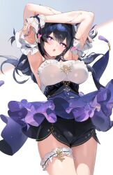  1girl absurdres armpits arms_up black_eyes black_hair breasts choyeon colored_skin commentary_request dolphin_shorts frilled_skirt frills heart heart-shaped_pupils highres inaro_(vtuber) indie_virtual_youtuber korean_commentary large_breasts long_hair off_shoulder open_mouth shorts simple_background skirt standing symbol-shaped_pupils thighs white_skin 