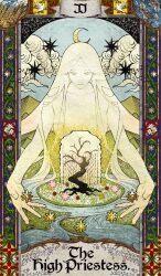  1girl bird blue_border blue_sky border card_(medium) closed_mouth clouds cloudy_sky commentary_request crescent_moon dot_nose english_text fish floral_border flower flower_ornament half-closed_eyes highres long_eyelashes long_hair looking_down moon mountainous_horizon original pink_flower red_flower river sky smile solo star_(sky) starry_sky tarot tarot_(medium) thai_commentary the_high_priestess_(tarot) tree unholymilk upper_body water wheat_field white_flower yellow_flower 