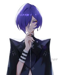  1girl blue_cloak cloak closed_mouth commentary_request crescent crescent_earrings earrings english_commentary hair_over_one_eye hand_on_own_chin hand_up highres jewelry looking_at_viewer mixed-language_commentary petchi1999 promeia_(zenless_zone_zero) purple_hair simple_background solo upper_body violet_eyes white_background zenless_zone_zero 