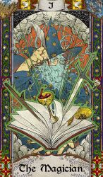  1boy alcohol aqua_hair beard bird blue_border blue_hat blue_robe blue_sky book border card_(medium) clouds cloudy_sky commentary_request covering_one_eye earrings english_text facial_hair feathers fish floral_border flower flower_ornament full_beard gohagan_(unholymilk) gold_cup hair_between_eyes hand_up hat highres holding holding_book holding_feather jewelry long_sleeves looking_to_the_side male_focus multicolored_eyes multiple_rings orange_background original ring robe sky solo star_(symbol) star_print stick sword tarot tarot_(medium) thai_commentary the_magician_(tarot) two-tone_eyes unholymilk upper_body violet_eyes water weapon wheat_field white_flower wide_sleeves wine witch_hat 