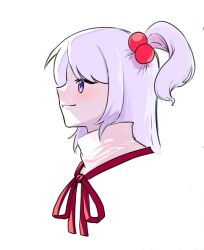  1girl bow commentary_request from_side hair_bobbles hair_ornament highres korean_commentary light_blush long_hair looking_to_the_side lovelobten one_side_up ribbon shinki_(touhou) side_ponytail smile touhou touhou_(pc-98) turtleneck white_background white_hair 