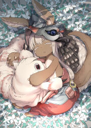  1other absurdres claws closed_eyes commentary_request flower full_body helmet highres long_hair lying made_in_abyss mitty_(made_in_abyss) nanachi_(made_in_abyss) on_side oshiri_seijin other_focus pants parted_lips red_eyes red_pants solo white_flower white_hair 