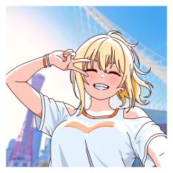  1girl bare_shoulders blonde_hair blue_sky breasts clothing_cutout commentary_request earrings facing_viewer grin highres jewelry looking_at_viewer love_live! love_live!_nijigasaki_high_school_idol_club love_live!_nijigasaki_high_school_idol_club_the_movie_-_finale medium_breasts medium_hair miyashita_ai outdoors ponytail selfie shirt short_sleeves shoulder_cutout sidelocks sky smile solo stud_earrings t-shirt uyu1023 v v_over_eye white_shirt 