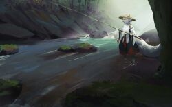  1girl ajirogasa animal_ears black_skirt brown_hat commentary_request detached_sleeves ears_through_headwear fishing fishing_rod grey_hair haruaki_(onkai_planaria) hat holding holding_fishing_rod inubashiri_momiji outdoors red_skirt skirt solo stream tail touhou two-tone_skirt wading wolf_ears wolf_girl wolf_tail 