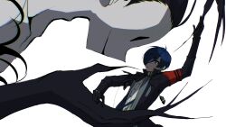  2boys arm_up armband black_eyes black_gloves black_hair black_jacket blue_eyes eye_contact fingernails gekkoukan_high_school_uniform giant gloves hair_over_one_eye hair_slicked_back highres jacket lapels long_fingernails looking_at_another male_focus mochizuki_ryouji multiple_boys nyx_avatar one_eye_covered open_clothes open_jacket persona persona_4 profile red_armband school_uniform sharp_fingernails shirt smile suit_jacket teketeke_(tasutekete) white_shirt yuuki_makoto_(persona_3) 