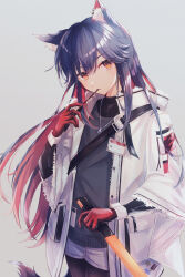  1girl animal_ear_fluff animal_ear_piercing animal_ears arknights black_pantyhose black_shirt blue_hair coat colored_inner_hair commentary_request cowboy_shot f_(tsunamay03) food food_in_mouth fur-trimmed_coat fur_trim gloves grey_shirt hair_between_eyes hand_up highres holding holding_food holding_pocky holding_sword holding_weapon layered_sleeves long_hair long_sleeves multicolored_hair name_tag open_clothes open_coat pantyhose pocket pocky pocky_in_mouth red_gloves red_hair shirt shorts sidelocks simple_background solo sweater sword texas_(arknights) weapon white_background white_coat white_shorts wolf_ears wolf_girl yellow_eyes 