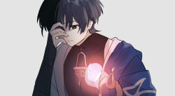  1boy anthemspices armor black_bodysuit black_bridal_gauntlets black_eyes black_hair blue_cape blunt_ends bodysuit bridal_gauntlets cape choppy_bangs commentary_request covered_collarbone eyeliner genshin_impact hair_over_one_eye hand_on_own_face hand_over_eye highres hole_in_chest hole_on_body japanese_armor japanese_clothes kimono kote kurokote looking_to_the_side makeup male_focus mandarin_collar open_clothes open_kimono parted_lips portrait red_eyeliner scaramouche_(genshin_impact) shoulder_peek side_cape solo torn_clothes tsurime wanderer_(genshin_impact) white_background white_kimono white_mouth 