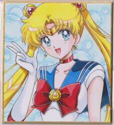 1girl :d bishoujo_senshi_sailor_moon blonde_hair blue_background blue_eyes blue_sailor_collar bow breasts bubble_background chikoto_(kztc4472) choker collarbone commentary crescent crescent_choker crescent_earrings double_bun earrings elbow_gloves gem gloves gold_tiara hair_bun hair_ornament hand_up highres jewelry leotard light_blush lone_nape_hair long_hair looking_at_viewer magical_girl medium_breasts open_mouth parted_bangs photo_(medium) picture_frame red_bow red_choker red_gem red_trim sailor_collar sailor_moon sailor_senshi_uniform short_sleeves smile solo tiara traditional_media transformation_brooch_(sailor_moon) tsukino_usagi twintails upper_body w white_gloves white_leotard 