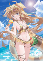  1girl :3 absurdres ahoge animal_ears bag bikini blue_eyes bracelet breasts brown_bikini brown_hair butter_(trickcal) collarbone commentary_request cropped_legs day dog_ears dog_girl dog_tail dutch_angle eyewear_on_head fang food frilled_bikini frills green_bag highres holding holding_food holding_ice_cream holding_ice_cream_cone holding_swim_ring ice_cream ice_cream_cone innertube jewelry kamizo0456 korean_commentary long_hair looking_at_viewer multicolored_bikini navel ocean open_mouth outdoors shoulder_bag side-tie_bikini_bottom small_breasts smile solo striped_bikini striped_clothes sunglasses swim_ring swimsuit tail trickcal two-tone_bikini very_long_hair water yellow-framed_eyewear yellow_bikini 