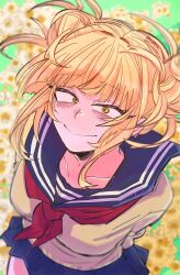  1girl absurdres arms_behind_back bags_under_eyes bibiri_(r42r98r) blonde_hair blue_sailor_collar blue_skirt blunt_bangs blurry blurry_background boku_no_hero_academia breasts cardigan closed_mouth commentary double_bun field floating_hair flower flower_field hair_bun highres looking_at_viewer medium_breasts neckerchief pleated_skirt red_neckerchief sailor_collar school_uniform serafuku signature simple_background skirt toga_himiko yellow_cardigan yellow_eyes 