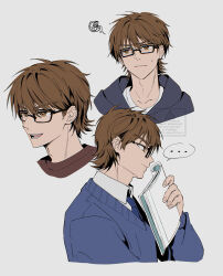  ... 1boy ace_of_diamond adam's_apple black-framed_eyewear blue_necktie blue_sweater brown_eyes brown_hair closed_mouth collared_shirt commentary glasses grey_background highres holding holding_notebook hood hood_down hoodie male_focus miyuki_kazuya multiple_views necktie notebook rectangular_eyewear rilaksu012 shirt short_hair simple_background spoken_ellipsis squiggle sweater white_shirt 