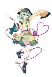  1girl absurdres black_hat boots bow buttons chinese_commentary collared_shirt commentary_request diamond_button eyeball floral_print frilled_shirt_collar frilled_sleeves frills full_body green_boots green_eyes green_hair green_skirt hat hat_bow heart heart_of_string highres holding holding_knife knife komeiji_koishi long_sleeves looking_at_viewer open_mouth print_skirt rose_print shanguang_san_he_yi_xiao_ci_guai shirt simple_background skirt sleeves_past_fingers sleeves_past_wrists smile solo third_eye touhou white_background wide_sleeves yellow_bow yellow_shirt 