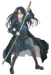  black_eyes black_hair cape jacket katana kno1 legs long_hair original pantyhose school_uniform shirasaya sword weapon 