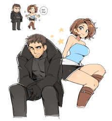  1boy 1girl almightychiru black_coat black_gloves black_pants black_shirt black_skirt blue_eyes blue_tube_top boots brown_boots brown_eyes chris_redfield clothes_around_waist coat gloves highres jill_valentine open_clothes open_coat pants popped_collar resident_evil shirt short_hair sitting skirt smile strapless tube_top white_background 