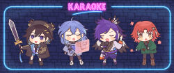  4boys :3 animal_hood banzoin_hakka banzoin_hakka_(1st_costume) bird_wings black_hair black_jacket black_pants black_shoes blue_streaks blush_stickers boots brick_wall brown_boots cardigan chibi chibi_only commentary_request feather_hair_ornament feathers flower gori3po green_cardigan hadanugi_dousa hair_ornament hakama hakama_pants hanasaki_miyabi hanasaki_miyabi_(fall/winter) highres holding holding_microphone holding_sword holding_weapon holographic_interface holographic_monitor holostars holostars_english hood hood_up hooded_jacket jacket japanese_clothes kanade_izuru kanade_izuru_(1st_costume) karaoke kimono lightning_bolt_hair_ornament lightning_bolt_symbol long_hair male_focus medium_hair microphone minase_rio minase_rio_(1st_costume) multicolored_hair multiple_boys neon_lights neon_sign okobo pants platform_sandals ponytail purple_hair purple_hakama purple_sash red_hair sandals sash shoes short_hair shorts streaked_hair sword virtual_youtuber weapon white_kimono white_shoes wings 