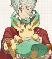  1boy brown_fur brown_sclera colored_sclera commentary_request dddwamosh dr._stone forked_tail grass_type_theme_(pokemon) green_fur highres ishigami_senkuu leaf leafeon multiple_boys pokemon tail tall_hair yellow_fur 