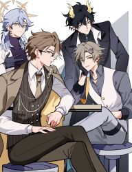  4boys adapted_costume alternate_costume armlet black-framed_eyewear black_gloves black_hair black_jacket black_pants black_shirt blue_hair blue_jacket bright_pupils brown_eyes brown_hair brown_jacket brown_necktie brown_pants brown_vest buttons caelus_(honkai:_star_rail) chair clenched_hand closed_mouth collarbone collared_shirt commentary covered_collarbone cowboy_shot crossed_legs dan_heng_(honkai:_star_rail) dan_heng_(lurking)_(honkai:_star_rail) dan_heng_(permansor_terrae)_(honkai:_star_rail) dragon_boy dragon_horns earrings eyelashes eyeliner feathered_wings feet_out_of_frame fingernails formal_clothes from_side glasses gloves gold_earrings gradient_hair grey_eyes grey_hair grey_pants grey_shirt hair_between_eyes hair_ornament halo halo_behind_head hand_on_own_face hand_up head_wings highres honkai:_star_rail honkai_(series) horns jacket jewelry lapels long_hair long_sleeves looking_at_viewer low_ponytail makeup male_focus multicolored_hair multiple_boys necktie official_alternate_costume on_chair open_clothes open_jacket pants pointy_ears ponytail puffy_long_sleeves puffy_sleeves purple_shirt raccoon_hair_ornament red_eyeliner semi-rimless_eyewear shirt short_hair sidelocks simple_background sitting standing streaked_hair striped_clothes striped_vest suit suit_jacket sunday_(honkai:_star_rail) sunday_(sacerdos'_relived_ordeal)_(honkai:_star_rail) table teeth thigh_strap trailblazer_(honkai:_star_rail) turtleneck turtleneck_shirt two-sided_fabric two-sided_jacket two_side_up untranslatable_commentary upper_body vest welt_yang white_background white_hair white_jacket white_pupils white_shirt white_vest wide_sleeves wings yellow_eyes yellow_jacket yellow_pupils yuelinpanp98413 zipper 
