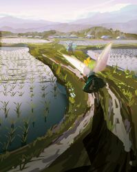  2girls arm_up black_shorts blue_bow blue_dress blue_hair bow building cirno commentary_request daiyousei detached_wings dress fairy fairy_wings green_hair hair_bow haruaki_(onkai_planaria) highres ice ice_wings leg_up multiple_girls outdoors rice_(plant) rice_paddy shorts sketch solo touhou village wings 