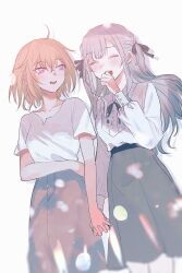  2girls ahoge bang_dream! bang_dream!_it's_mygo!!!!! black_ribbon blonde_hair blue_hair blush closed_eyes commentary grey_skirt hair_ribbon highres holding_hands interlocked_fingers long_hair long_sleeves misumi_uika multiple_girls open_mouth ribbon shirt short_sleeves skirt teeth togawa_sakiko tpt3p upper_teeth_only violet_eyes white_shirt yuri 