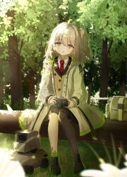  1girl :o absurdres ahoge arknights asymmetrical_legwear bench black_pantyhose black_skirt black_socks blonde_hair bloom brown_vest camera coat commentary_request day dot_nose full_body highres holding holding_camera infection_monitor_(arknights) lens_(arknights) long_hair long_sleeves looking_at_viewer medium_hair nature necktie non-humanoid_robot on_bench one_side_up open_clothes open_coat outdoors pantyhose pleated_skirt pockysamadesuwa red_necktie robot scene_(arknights) single_leg_pantyhose single_sock sitting skirt socks solo tree vest white_coat wooden_bench yellow_eyes 