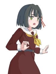  1girl :o black_hair blunt_bangs blunt_ends blush bob_cut brown_dress commentary_request cowboy_shot dress green_eyes hands_up hasu_no_sora_school_uniform highres link!_like!_love_live! long_sleeves looking_ahead love_live! momose_ginko neckerchief open_mouth sailor_collar sailor_dress school_uniform short_hair simple_background sinjukuiti solo virtual_youtuber white_background white_sailor_collar winter_uniform yellow_neckerchief 
